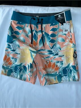 Volcom Men's Teal, Peach & Yellow Floral Swim Board Shorts